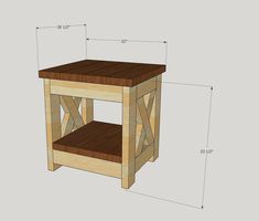 a wooden table with measurements for the top and bottom section, including two shelves on each side