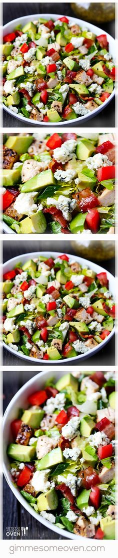 three pictures show different types of salads