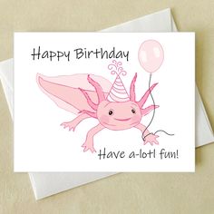 a birthday card with an image of a pink creature holding a balloon