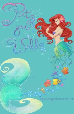 the little mermaid with her long red hair and tail is swimming in the water, while she