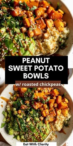 two bowls filled with sweet potato and broccoli on top of eachother