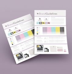 two brochures on top of each other in front of a purple background with the words brand guidelines