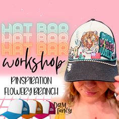 Workshop will be held at Pinspiration in Flowery Branch GA. 7380 Spout Spring RD Come join me for an IN PERSON hat party! This hat bar will be a complete workshop and you will leave with your completed hat. For this class you will get to pick your hat, up to 5-6 patches, two chains and one other embellishment. I will work with you to arrange your patches and will press them during the event. You can then attach your chains or other embellishments and leave the event with your new custom hat! Cheap Fun Personalized Hats, Trucker Hat Bar Display Ideas, Trucker Hat Bar, Trucker Hats With Patches, Hat Bar, Country Hats, Custom Trucker Hats, Hat Party, Bar Displays