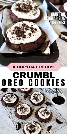 chocolate crumbl oreo cookies with white cream on top and in the middle