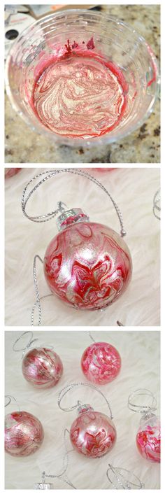 three pictures showing how to make glass ornaments with red and white swirls on them