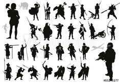 Stock Image: Warriors and soldiers high detailed silhouettes set. Vector Medieval Soldier, Soldier Silhouette, Silhouette People, Silhouette Template, Shoe Design Sketches, Viking Warrior, T Art