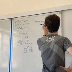 a young man writing on a whiteboard in front of another person with his back to the camera