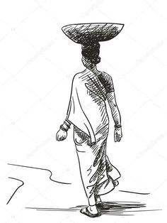 a woman walking down the street with a hat on her head, hand drawn sketch