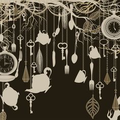 an image of a clock and many different objects hanging from it's ceiling with chains