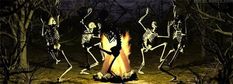 skeletons dancing in the woods at night with fire coming from their mouths and arms out