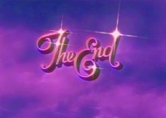 the end logo in purple and blue with stars above it on a cloudy sky background