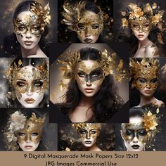 a collage of photos with gold and black masks