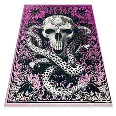 a skull and snake on a pink bandanna with black accents is shown in front of a white background