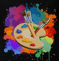 two paintbrushes are sitting on an art palette with multicolored splats