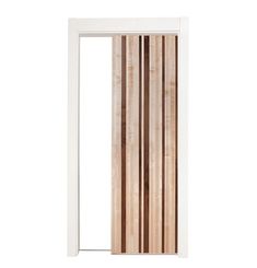 an open sliding door with wooden slats on the side and white frame, against a white background