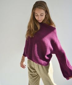 Hello, I'm the one, who won't let you down - plum purple mohair sweater.I will comfort you, keep you warm and will make you smile. I'm 100% hand made and proud of that. I consist of 35% Italian baby alpaca,35% of kid mohair and 30% nylon, which makes me incredibly natural. I'm quite unique as could be worn all year long.I'm in one size and one size fits all because my measurements are :❤️ Width -62 cm❤️ Lengths -52cmIf you would like me in other size, you could request a custom order with your o Purple Knit Turtleneck Sweater, Mohair Long Sleeve Sweater For Fall, Cozy Mohair Sweater For Fall, Purple Chunky Knit Long Sleeve Sweater, Oversized Purple Knitted Sweater, Cozy Purple Textured Knit Sweater, Oversized Mohair Cable Knit Sweater, Purple Textured Knit Sweater For Fall, Purple Knitted Sweater For Fall