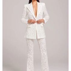 Romantic White Blazer & Matching Pants. Made From Luxurious Lace Embroidered With Sequins. Fully Lined With Soft Mesh And Satin Detailing For An Added Touch Of Elegance. Satin Button To The Front And Sleeve Cuff, Satin Trim Detailing, Pocket Detailing. Perfect For A Bride. All Tags On, In Original Boxes. White Lace Pants, Wedding Brainstorming, White Pantsuit, Nadine Merabi, Lace Suit, 2025 Wedding, Lace Blazer, White Suit, Lace Pants