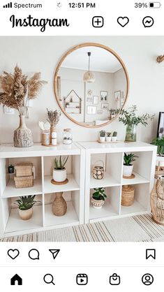 the instagram page shows an image of a white shelf with plants and potted plants