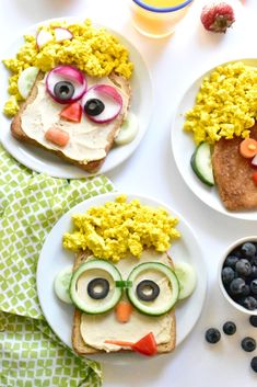 three plates with food made to look like people's faces and fruit on them