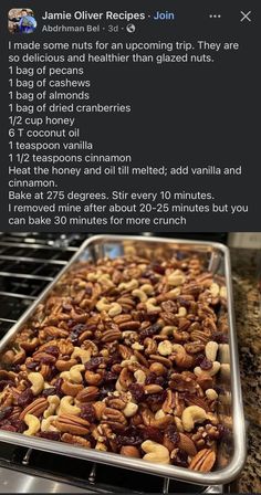 an image of nuts cooking in the oven with text overlaying it that reads, i made some nuts for an upcoming trip they are