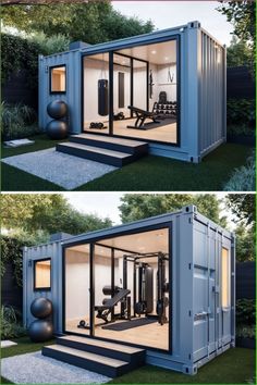 two pictures of a house made out of shipping containers and some exercise equipment in it