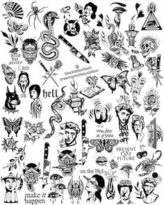 an old school tattoo design is shown in black and white, with many different designs on it