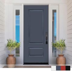 two potted plants sit in front of a blue door on a white house with black trim