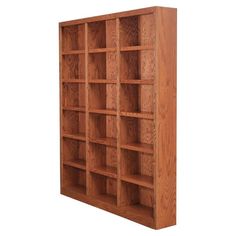 a wooden bookcase with six shelves on each side