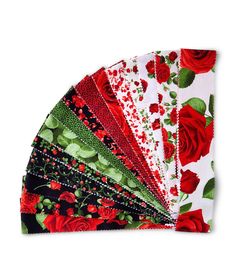 six pieces of fabric with red roses on them