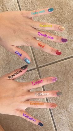 Taylor Swift Album Colors Nails, Taylor Swift Album Inspired Nails, Taylor Swift Manicure Eras, Rep Era Nails, 1989 Taylor Swift Nail Ideas, Easy Taylor Swift Nails, Eras Tour Nails Taylor Swift, Taylor Swift Album Nails, Eras Nails Taylor Swift