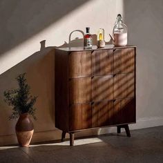 a wooden cabinet sitting next to a potted plant