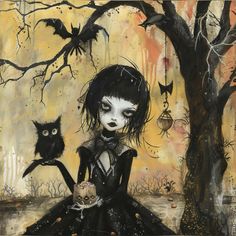 a painting of a girl with an owl in her hand and two cats on the ground