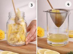 two pictures showing how to make lemonade in a mason jar