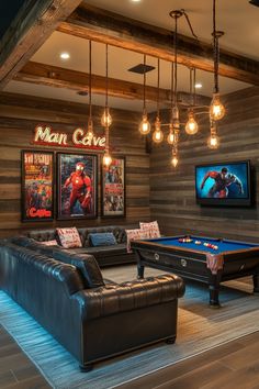 a living room filled with furniture and a pool table