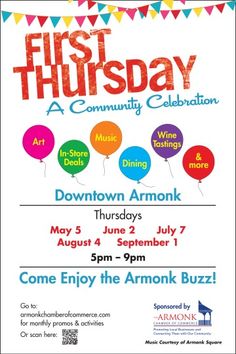 an event poster for the first thursday celebration at town park, with balloons and streamers