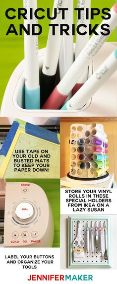 an advertisement for cricut tips and tricks, with various items in the holder