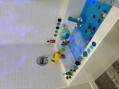 an overhead view of a bathtub with toys in it