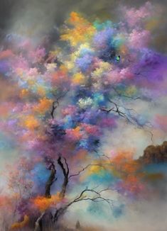 an oil painting of a tree with colorful leaves on it's branches and sky in the background