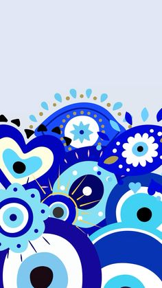 an abstract blue and white background with lots of circles in the shape of flowers on it