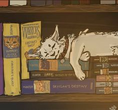 a painting of a cat laying on top of a bookshelf filled with books