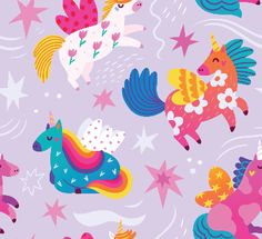 colorful unicorns and stars on a purple background