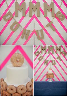 a collage of photos with doughnuts and cake