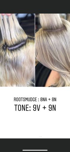 Grey Hair To Blonde Shades, Root Smudge Blonde Formula Wella, Smudge Hair Color Blondes, Blonde Root Smudge Formula, Root Smudge Blonde Before And After, Kenra Toner Formula, Root Formula Shades Eq, Redken Shades Toner Formulas, Redken Shades Eq Formulas Blondes Root Tap