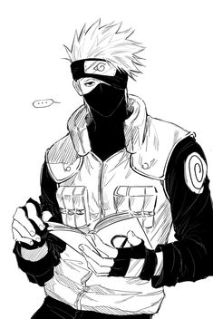 a black and white drawing of a man in a ninja outfit holding a book with his hands