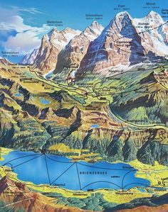 a map of the mountains and lakes in europe, with names on each mountain range