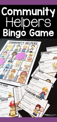 community helpers bingo game with the words community helpers written on it and in front