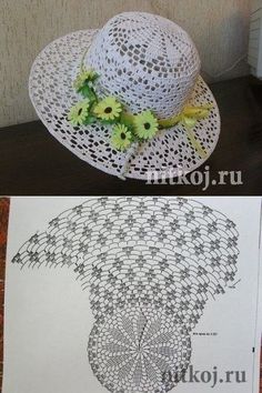 two hats with flowers on the top and bottom, one is made out of crochet