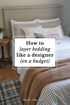 neutral color palette layered bedding ideas with DIY shiplap headboard Bed With Dust Ruffle, Bedding Layers Ideas, 3 Pillows On Bed, Bed Pillow Arrangement Full, How To Arrange Pillows On Bed Queen, Mixing Plaid And Floral Bedding, Coverlet Bedding Ideas Master Bedrooms, Simple Master Bedding Ideas, Bedding How To