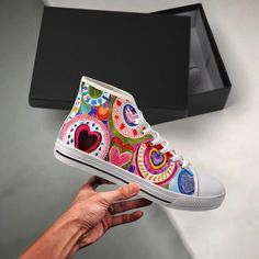 If you love nice vibrant sneakers, you'll be very happy in these retro heart high tops, inspired by the converse style women's sneakers. Perfect Christmas gift for any season and sure to put a smile on your face every time you wear them. These are a custom designs and are NOT MADE by anyone else. Great quality; * Rubber sole with good grip. * Canvas upper lining construction with EVA padded insoles. * Complete with metal eyelets and a lace up closure for a classic look. * Perfect for every seaso Converse Style Women, Retro Heart, Style Converse, Shoe Designs, Converse Style, Hand Painted Shoes, Shoe Design, Painted Shoes, Best Christmas