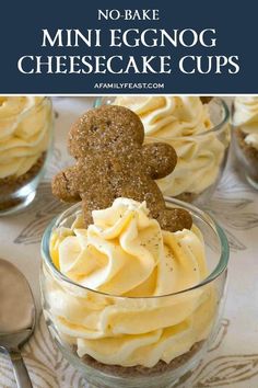 no bake mini eggnog cheesecake cups in glass bowls with spoons